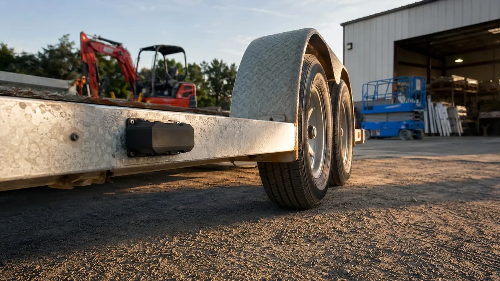 GPS tracker mounted on a utility trailer frame in an equipment rental yard at sunrise