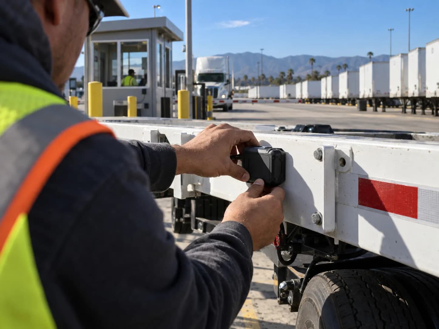 Worker attaching a portable GPS tracker to a new trailer at a guard-shack checkpoint in a Southern California trailer yard