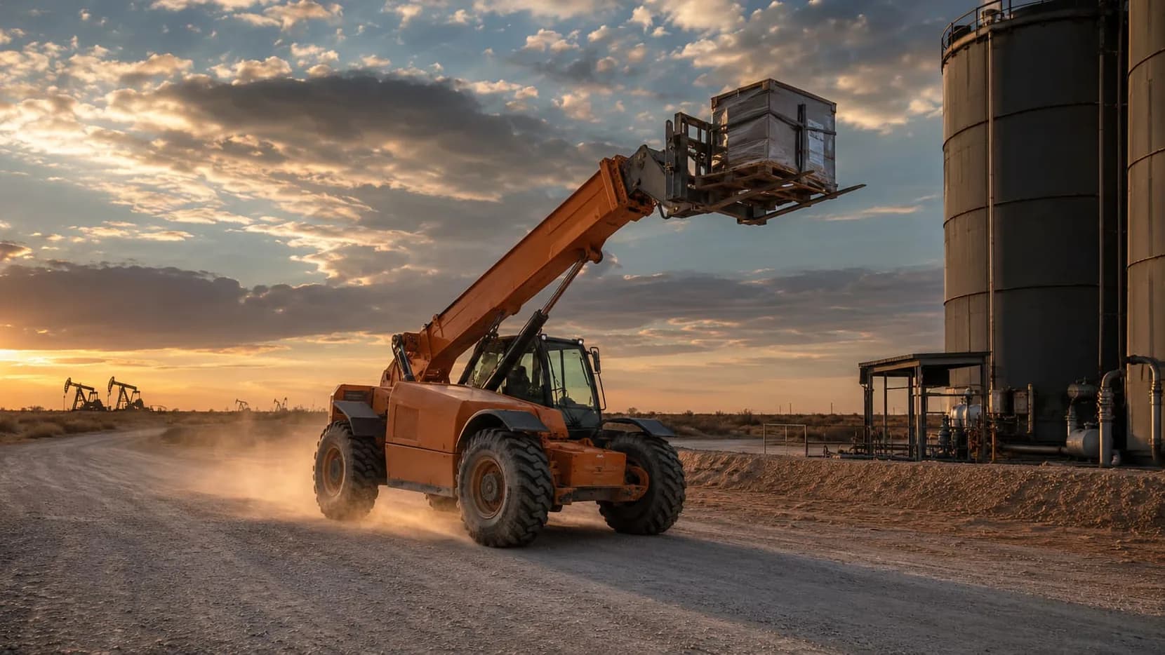Telehandler moving a load at a West Texas well pad at sunset with pump jacks on the horizon