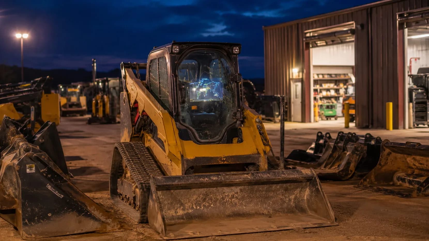Track loader in a rental yard at dusk with a live GPS tracking map reflected in the cab glass