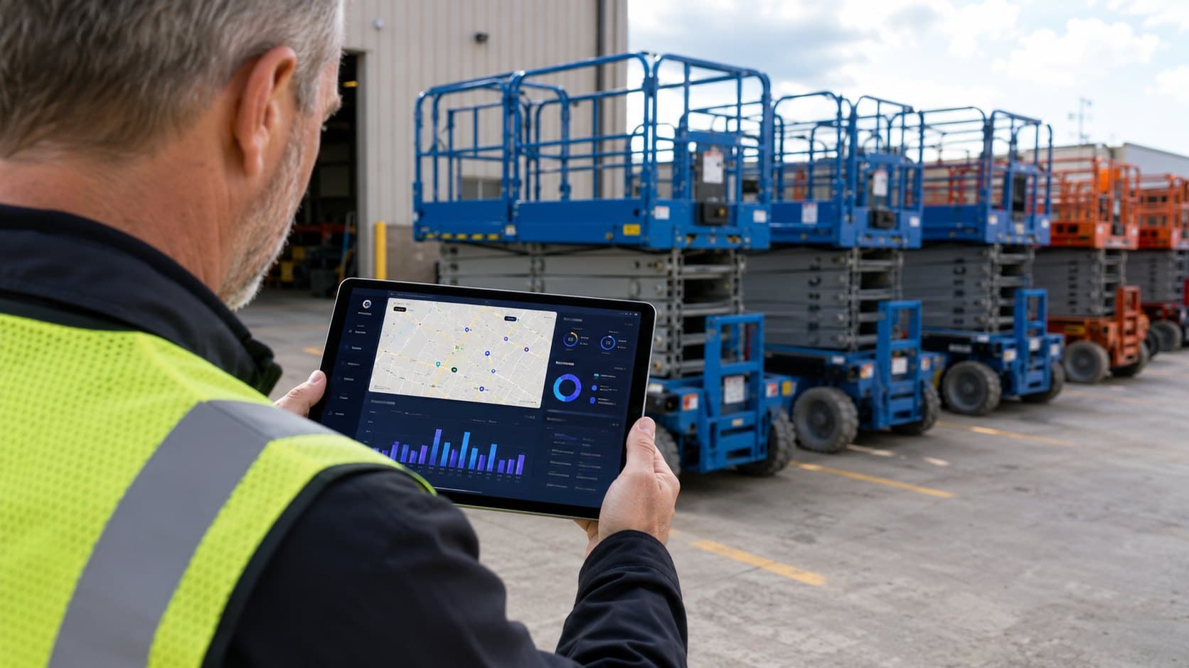Fleet manager viewing a Hapn map and engine-hours dashboard in front of a row of scissor lifts