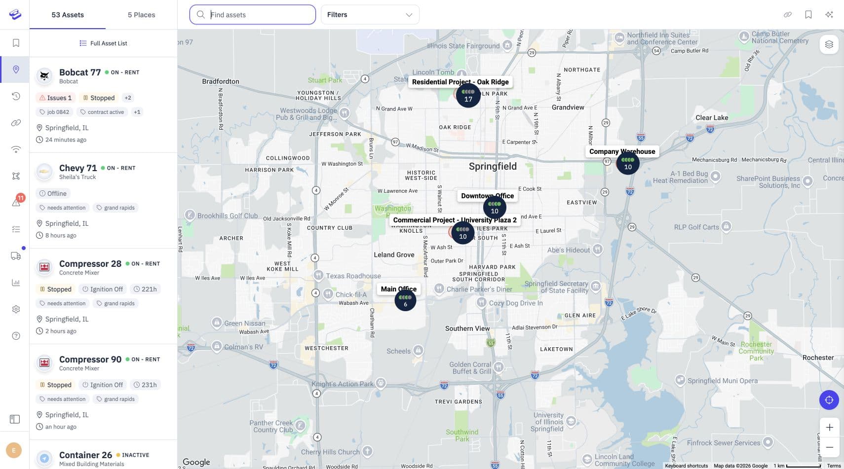 Hapn's actual fleet overview: 53 assets across five places, including Bobcat 77, Chevy 71 and Compressor 28.